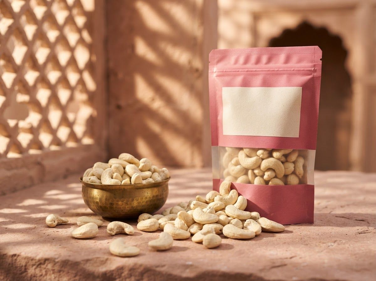 Large whole cashews in a brass bowl and spilling from a pink Krunchkin pouch