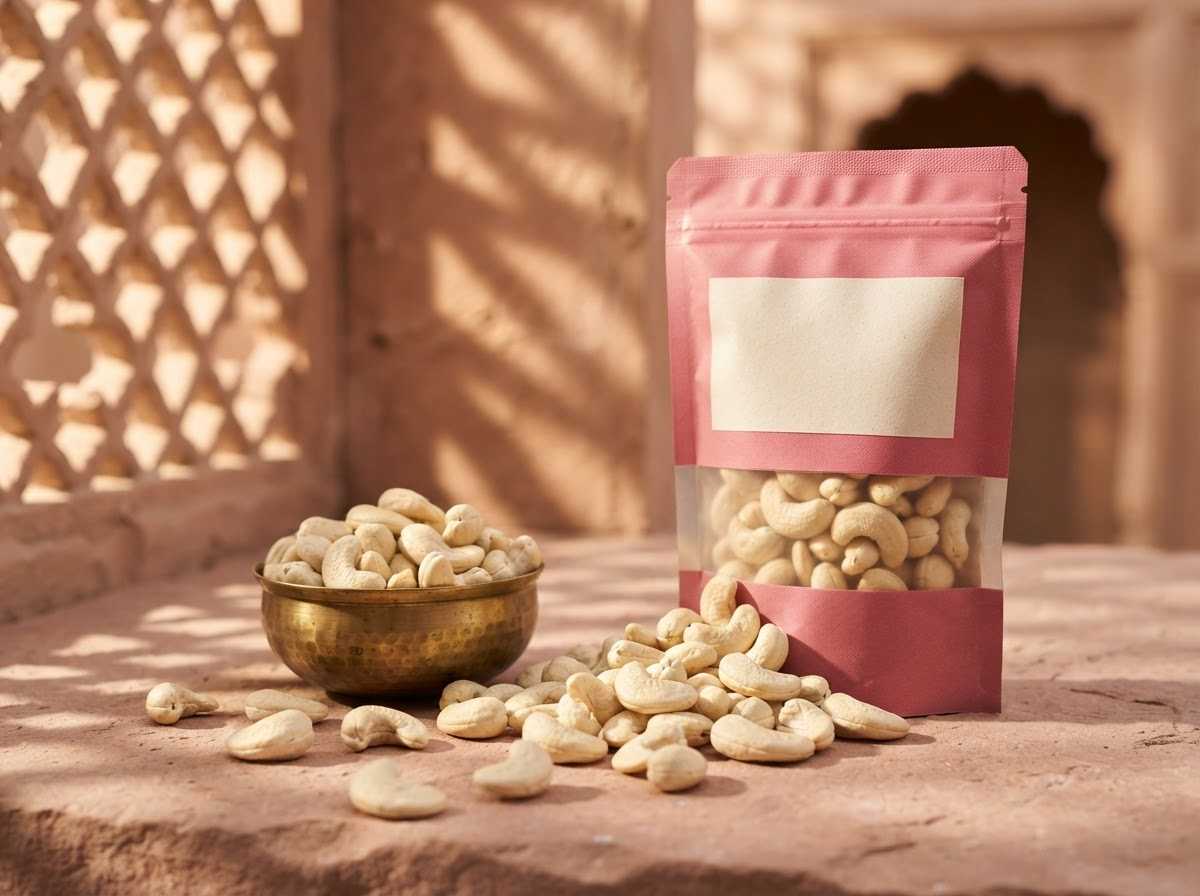 Large whole cashews in a brass bowl and spilling from a pink Krunchkin pouch