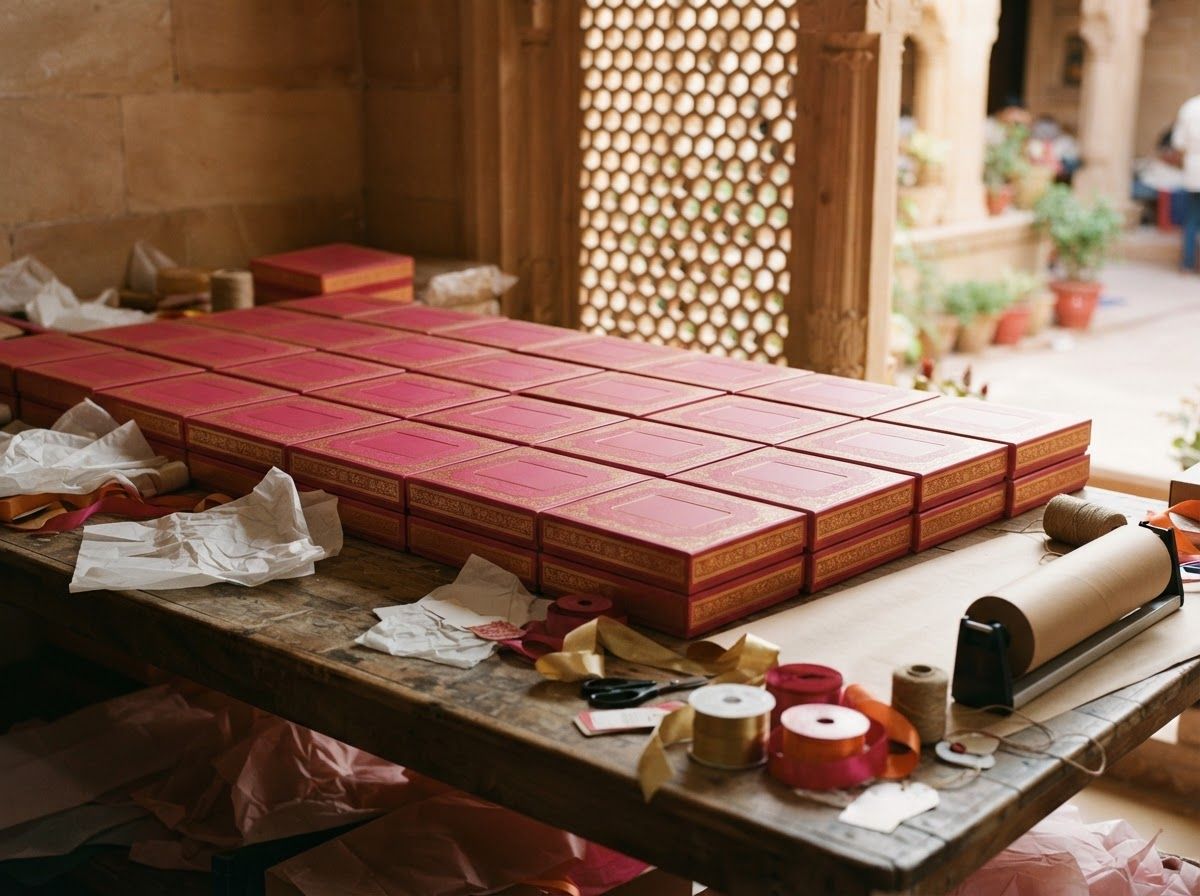 Rows of rani pink gift boxes with a blank panel for a company logo, on a packing table
