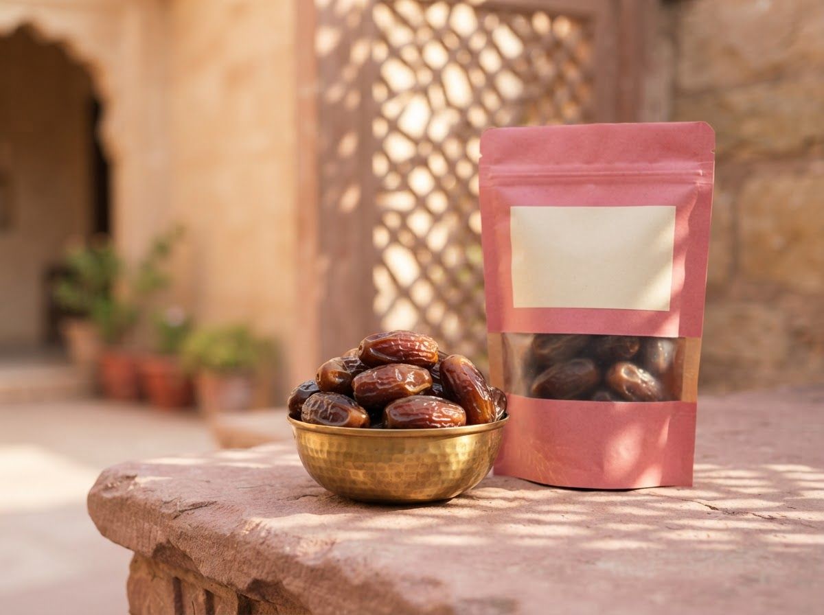 Glossy Medjool dates in a brass bowl beside a pink Krunchkin pouch