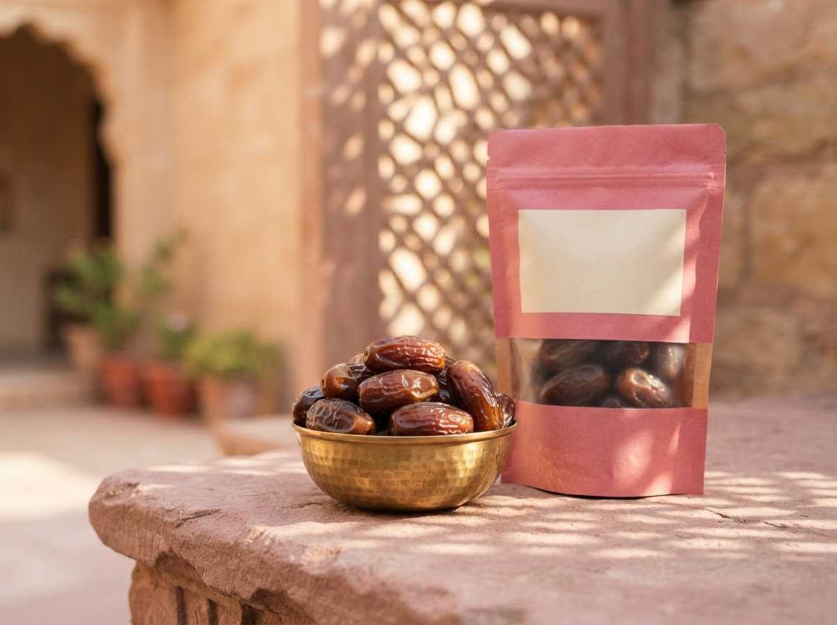 Glossy Medjool dates in a brass bowl beside a pink Krunchkin pouch