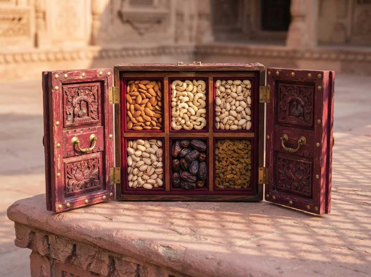 Dwaar gift box designed like maroon haveli doors with brass studs, open to show six compartments of dry fruits
