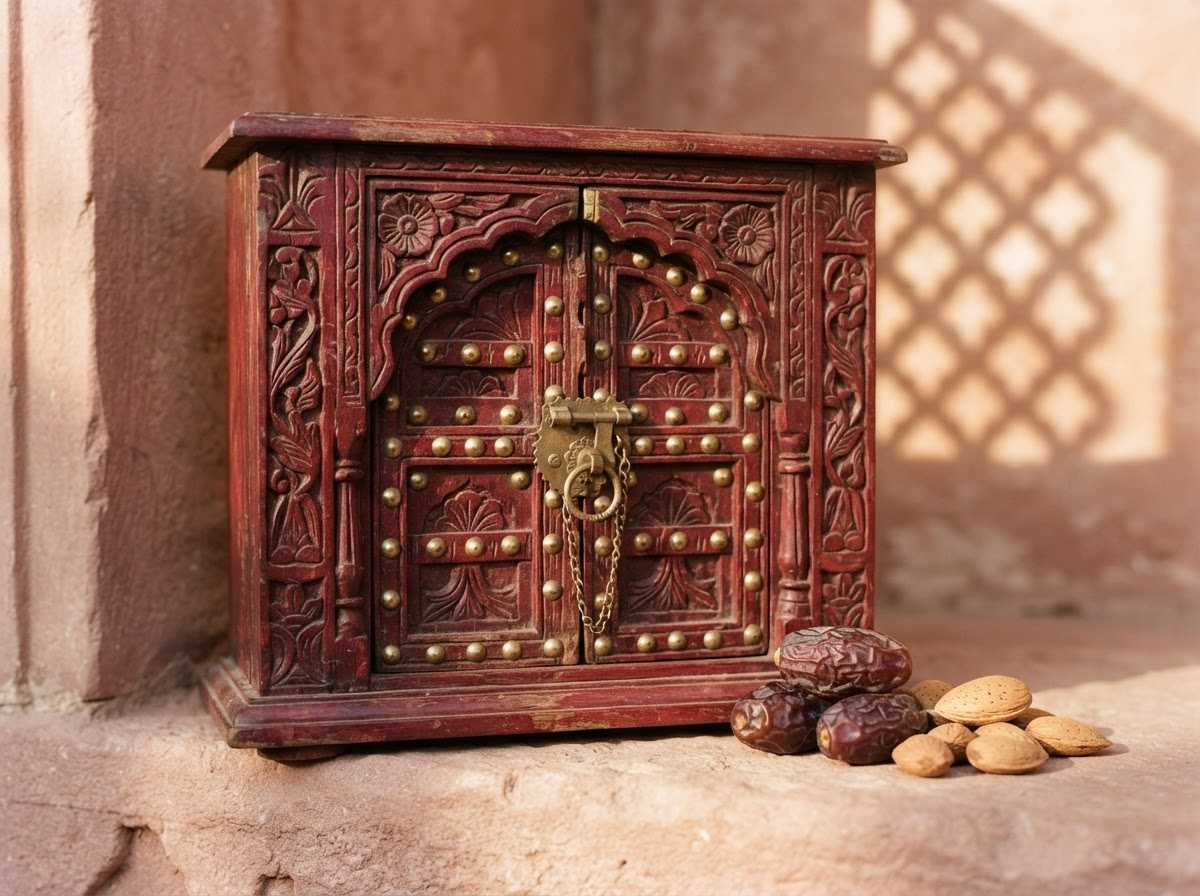 Close-up of the closed Dwaar box doors with brass studs and a ring handle