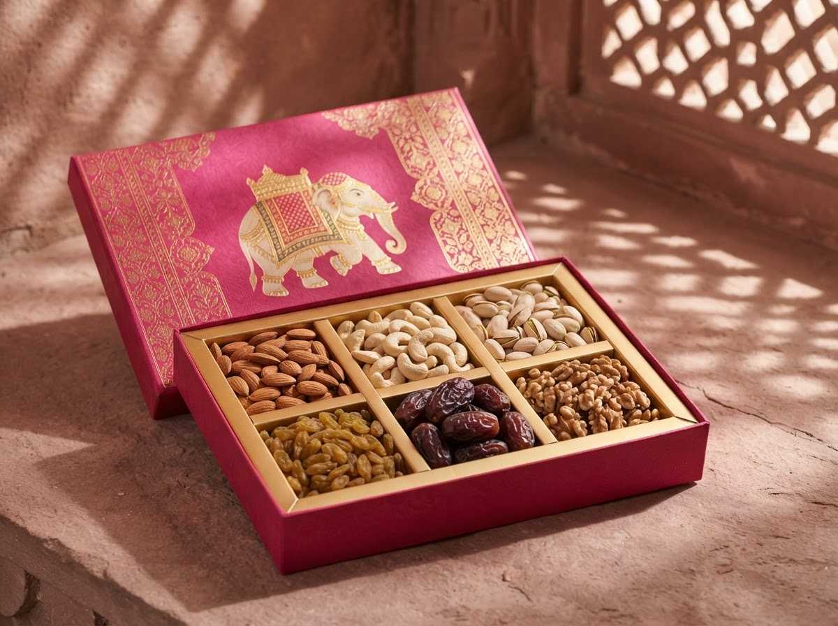 Open Gajraj gift box in rani pink with a gold elephant, holding six compartments of dry fruits