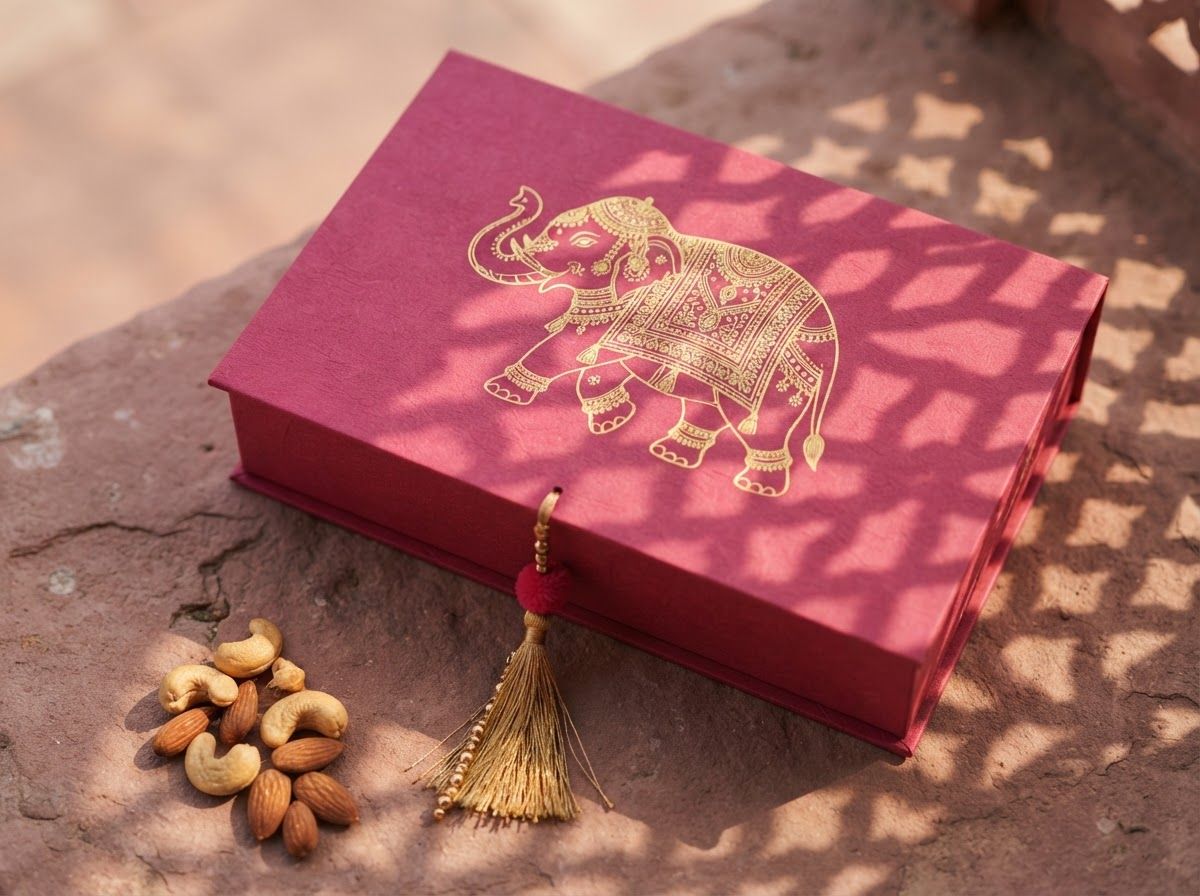 Box lid with a gold Rajasthani elephant and a tassel