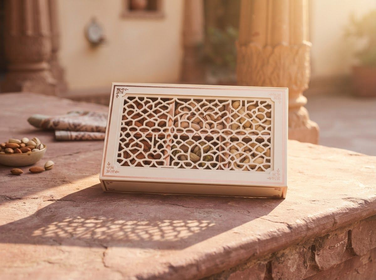 Jaali gift box with an ivory laser-cut lattice lid, with dry fruits visible through the pattern