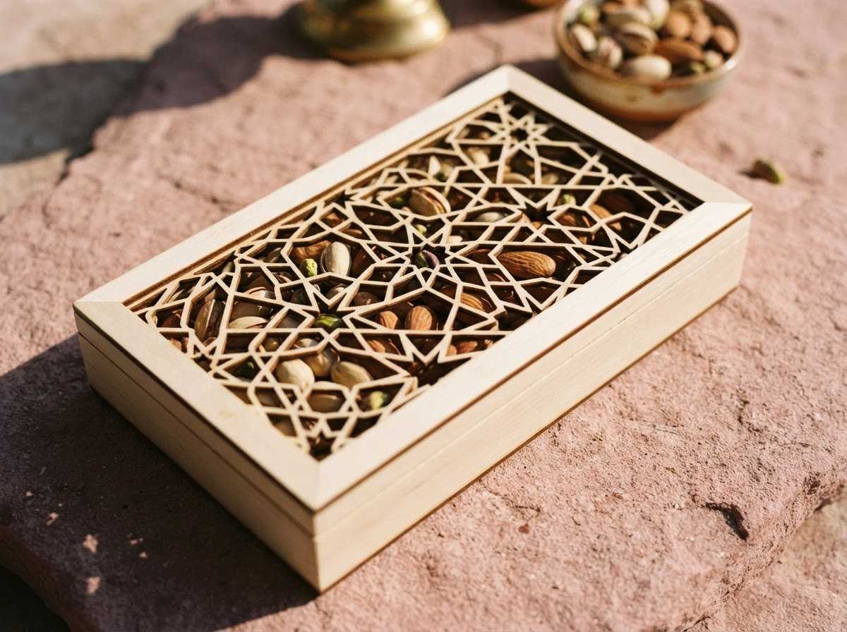 Close-up of the Jaali lattice lid with pistachios and almonds showing through