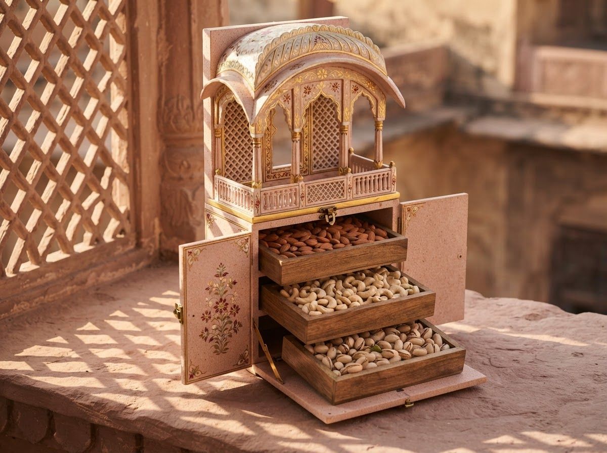 Jharokha gift box shaped like a pink palace balcony window, with three drawers of dry fruits open