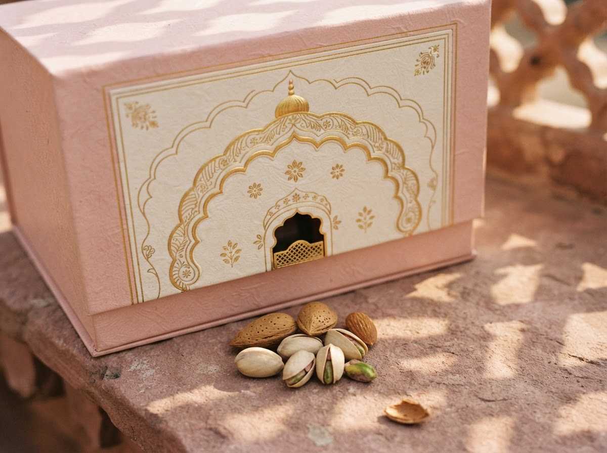 Close-up of the scalloped arch on the Jharokha box with gold line detailing