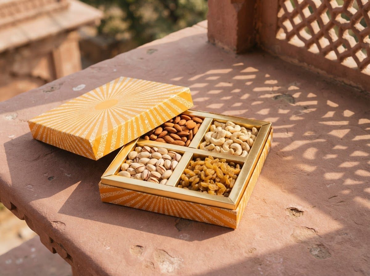 Open gift box with almonds, cashews, pistachios and golden raisins in four gold-lined compartments