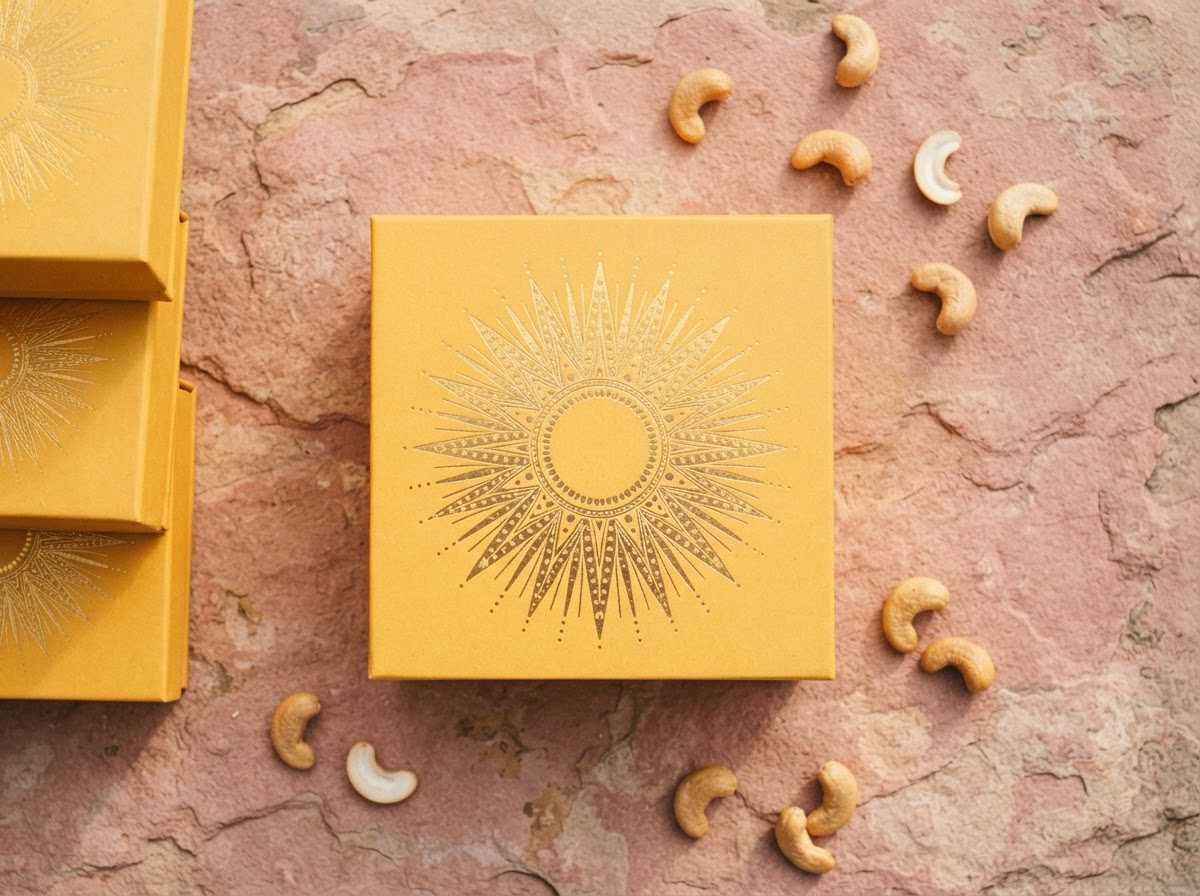 Top view of the Kiran box lid with a gold sunburst, with more boxes stacked beside it