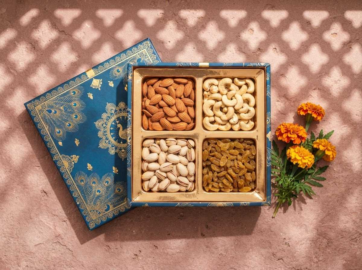 Top view of the Mayur gift box with gold peacock feathers on the lid and marigold beside it