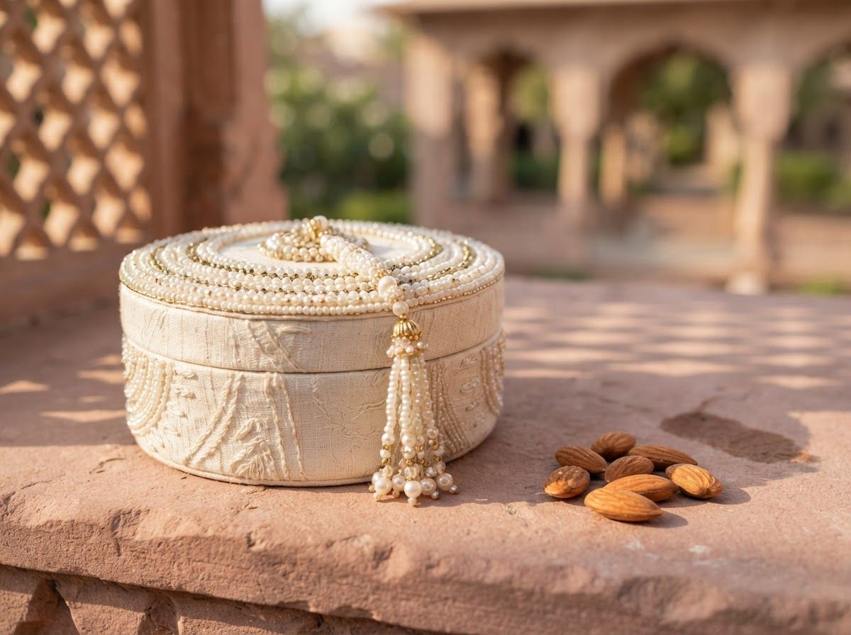 Moti ivory gift box with pearl detailing and almonds