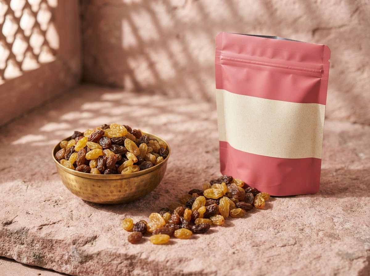 Golden and dark raisins in a brass bowl next to a pink Krunchkin pouch