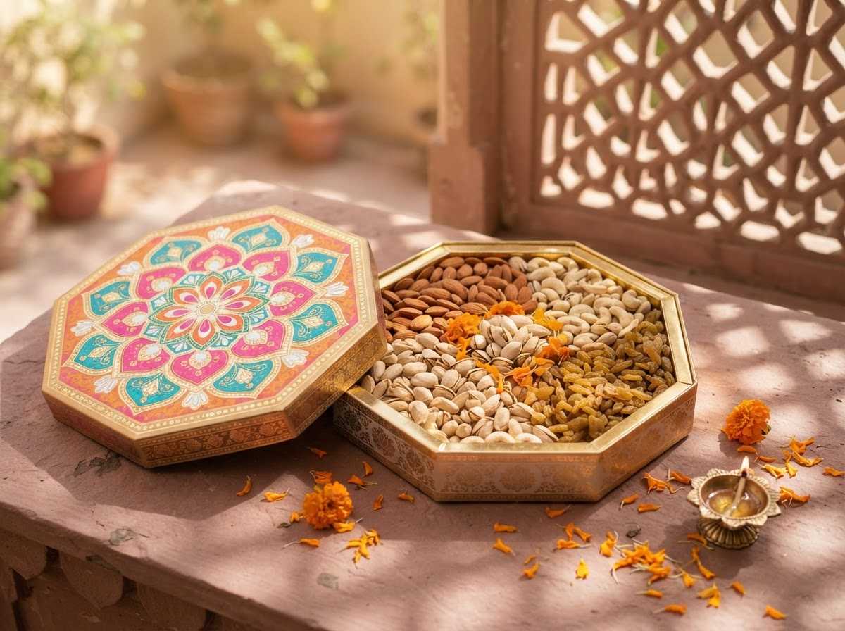 Open octagonal Rangoli gift box with a bright rangoli pattern, filled with dry fruits and marigold petals