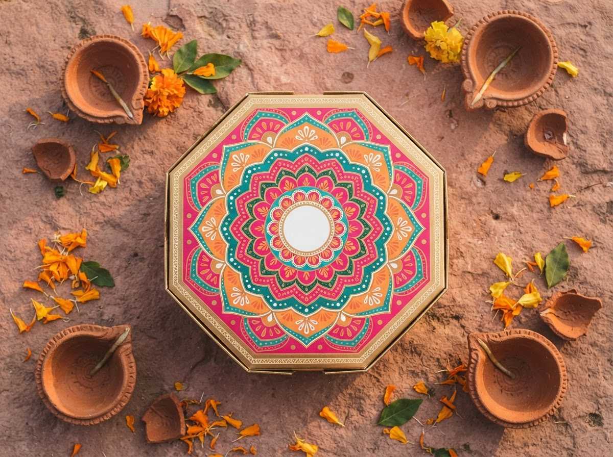 Top view of the Rangoli box lid surrounded by clay diyas and marigold petals