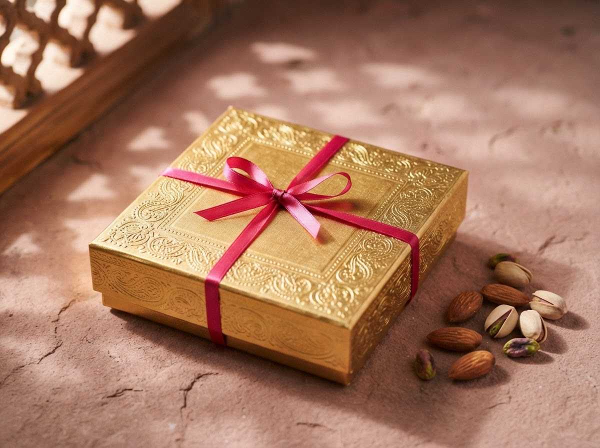 Closed Swarna gold gift box tied with a rani pink ribbon, with almonds and pistachios beside it
